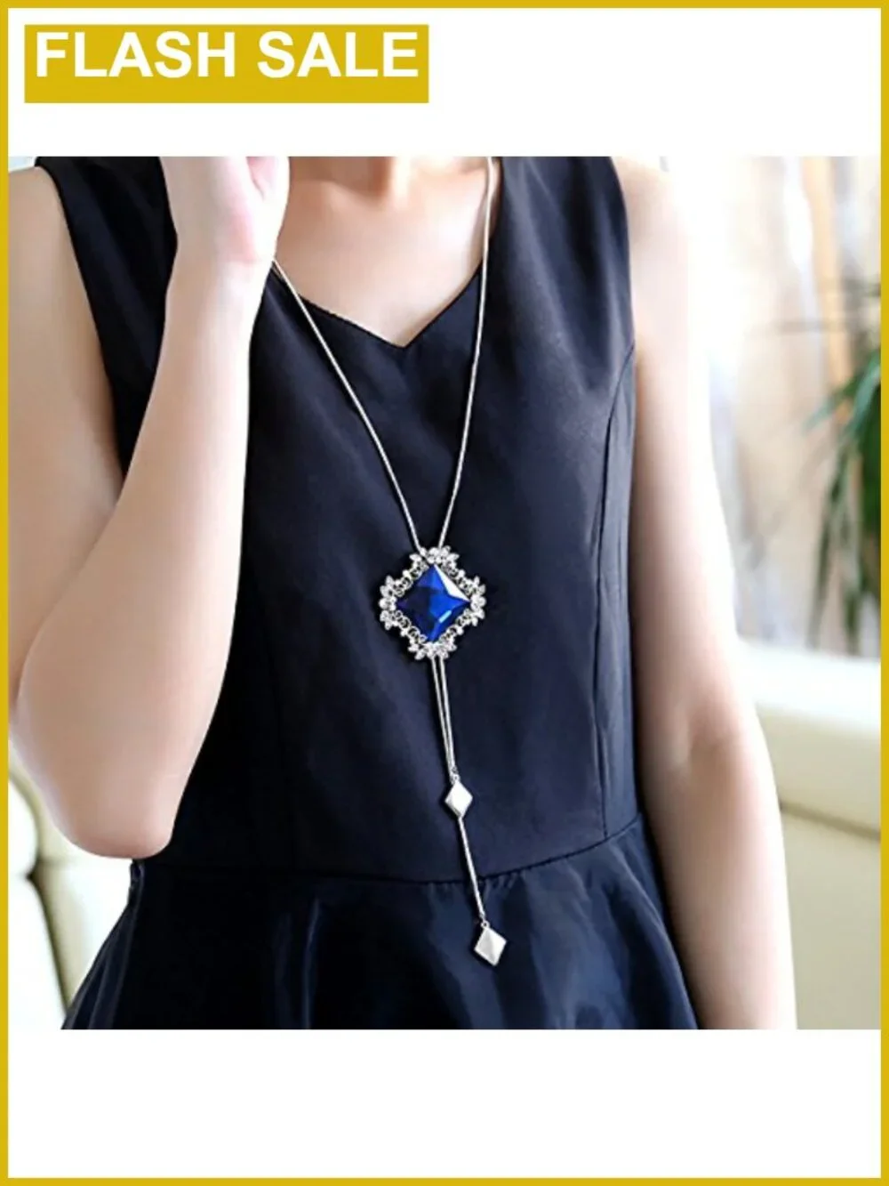 Long Chain Necklace Rhombus Glass Pendant Boho Sweater Jewelry for Women